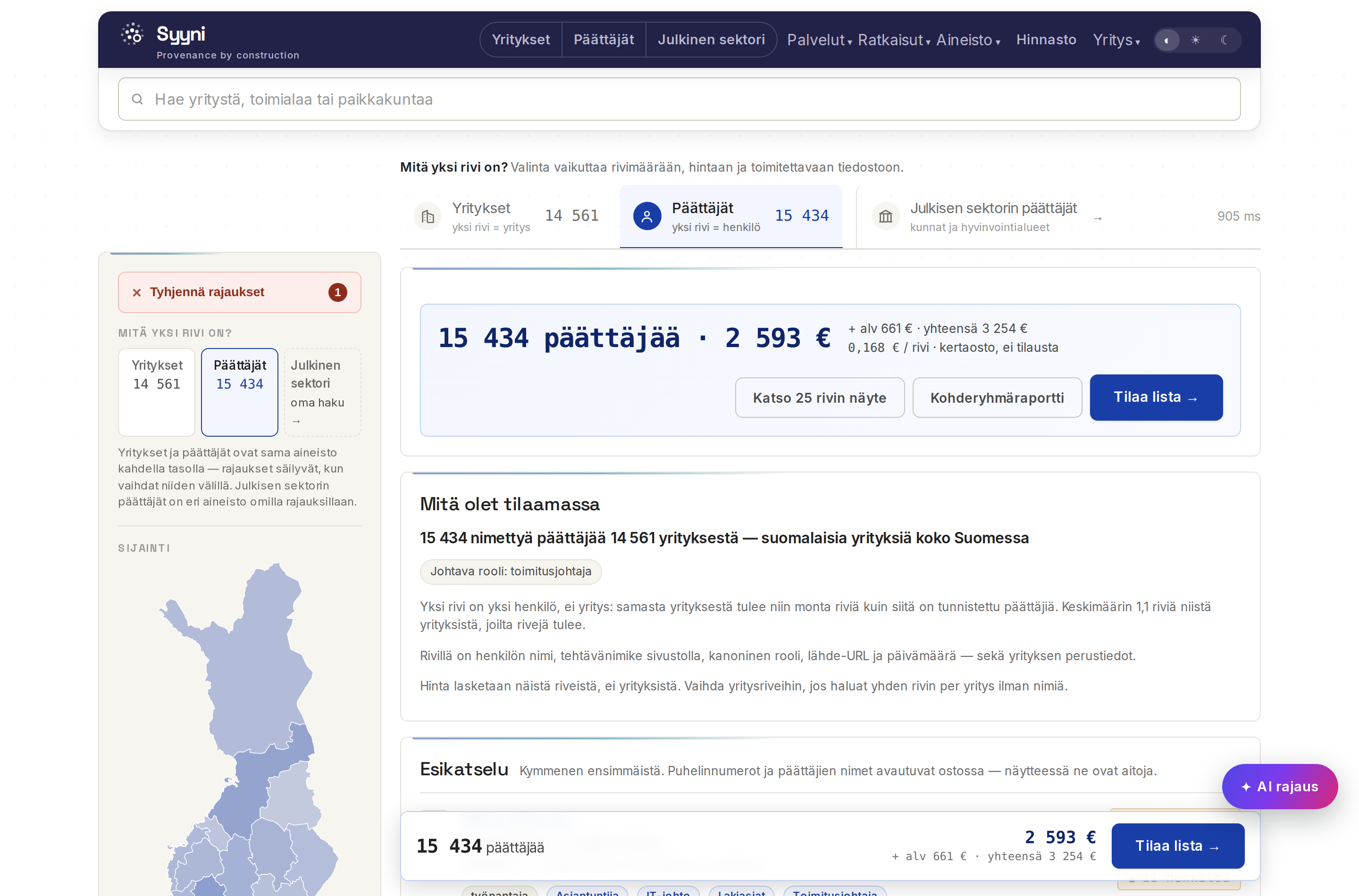 Syynin rajausnäkymä: tekoälytulkki, osumamäärä, hinta ja rajauspaneeli kartalla.